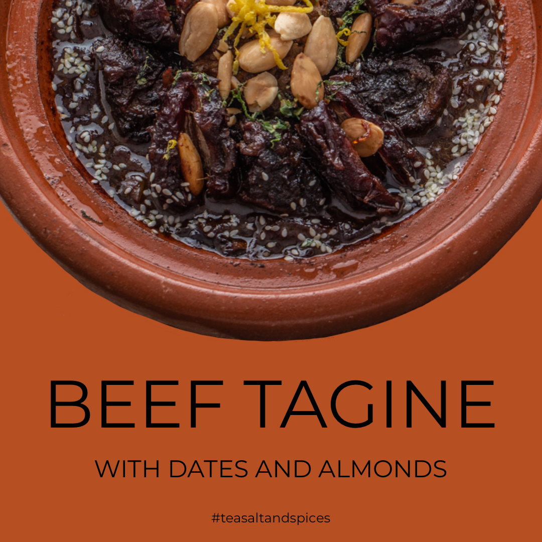 Slow cooked beef stew with dates and almonds