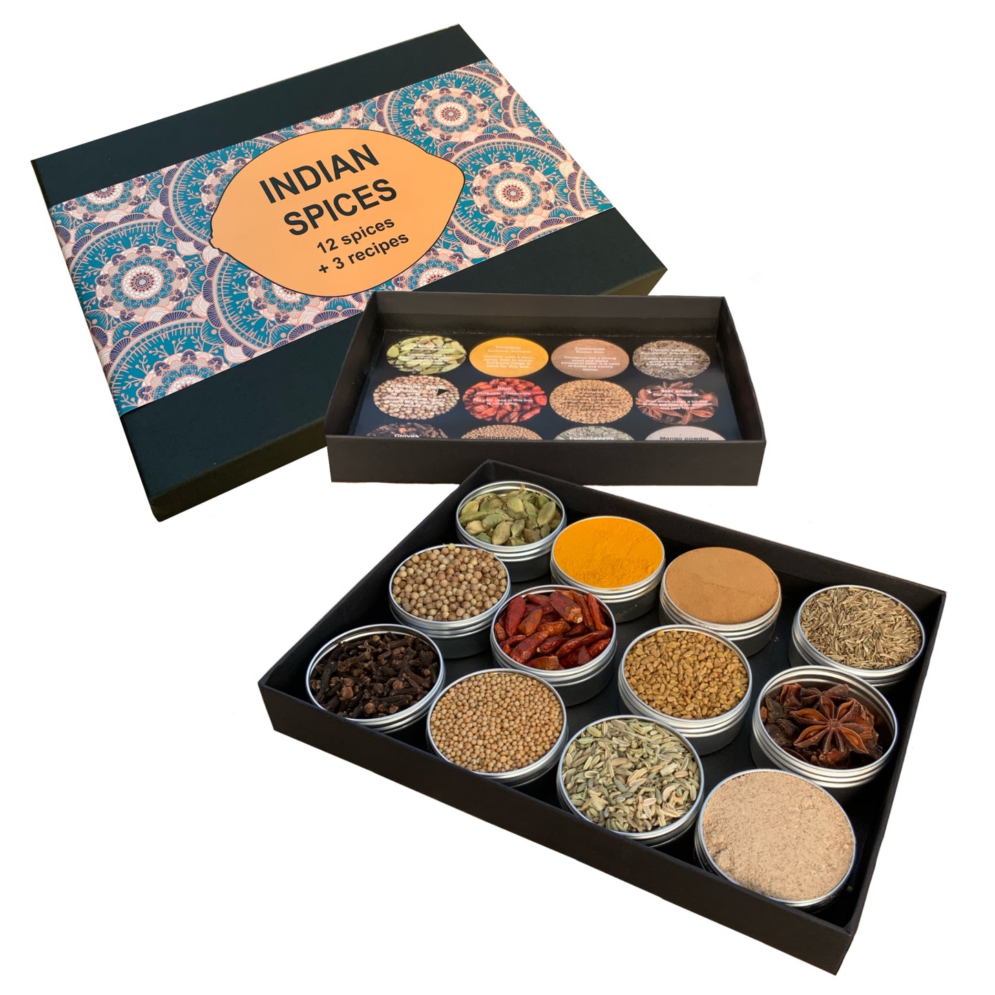 indiase kruiden en 3 indiase recepten in een mooie geschenkverpakking. masala kruiden.